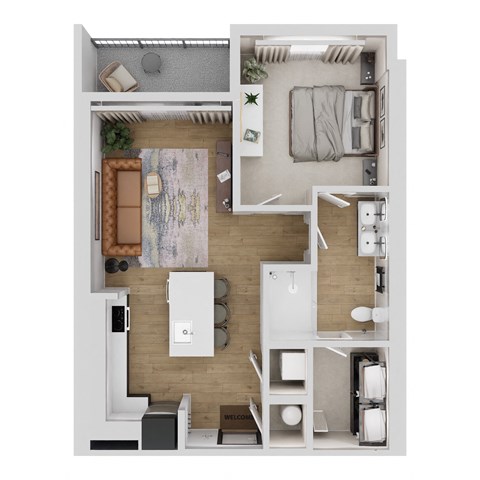 A top-down view of a small apartment with a kitchen, living room, and bathroom.